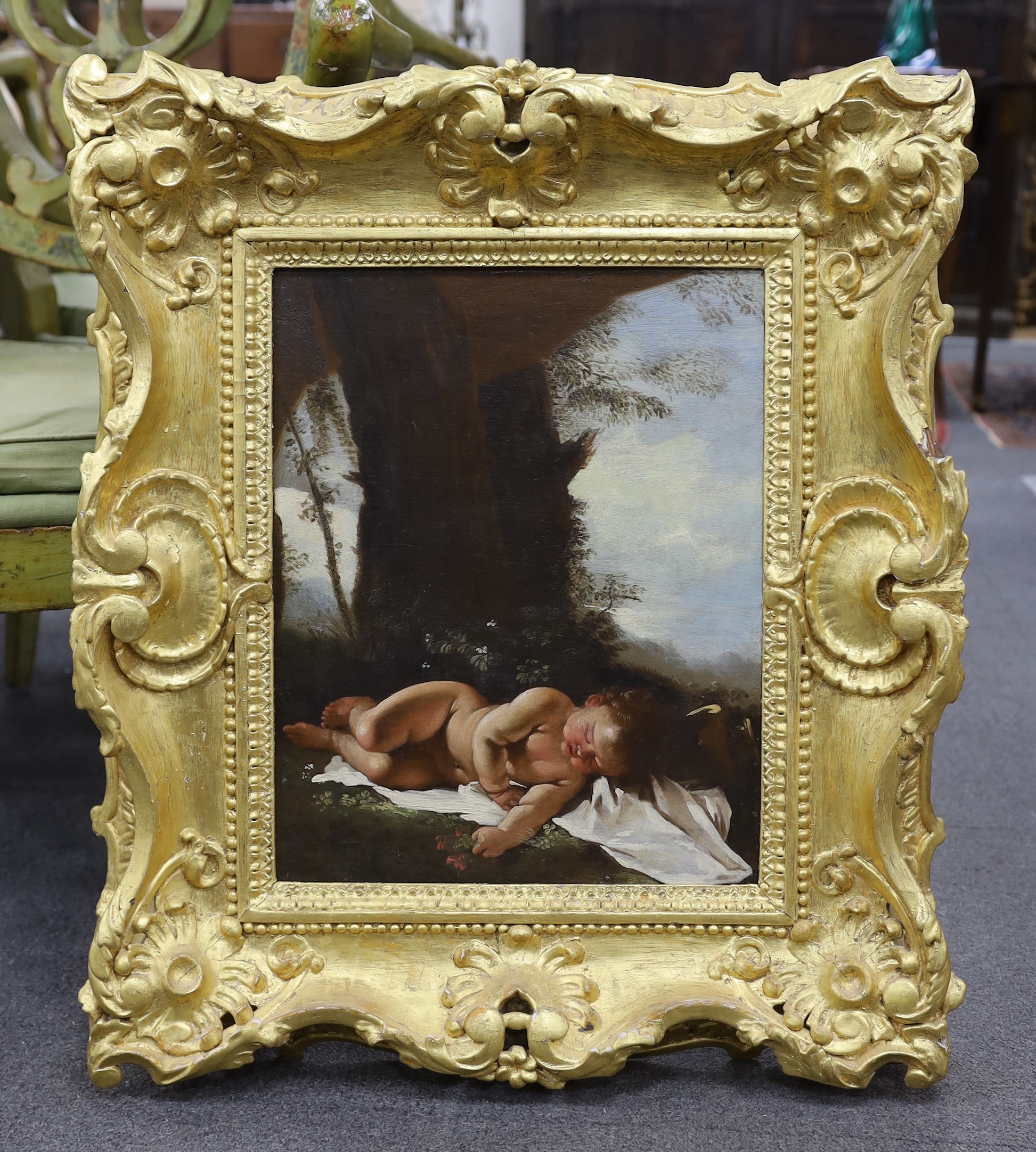 19th century Italian School, oil on canvas, Sleeping infant, ornate gilt framed, 40 x 32cm